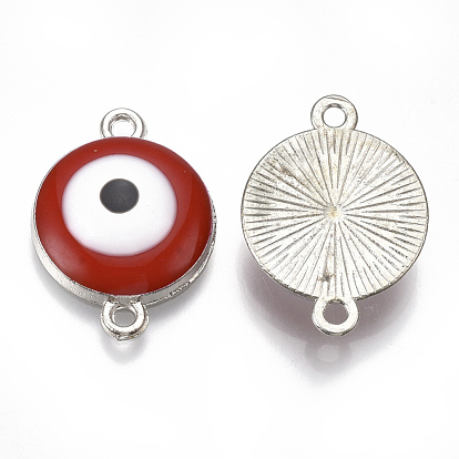 Alloy Links Connectors, with Enamel, Flat Round with Evil Eye, Platinum