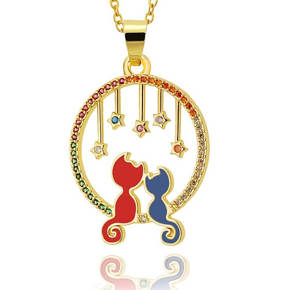 Collier pendentif pleine lune avec double chat et étoile, bijoux cadeau fête des mères femme