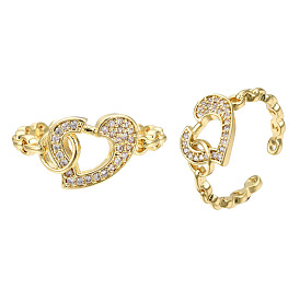 Cubic Zirconia Heart Open Cuff Rings, Real 18K Gold Plated Brass Ring for Women, Nickel Free