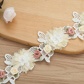Garnitures en dentelle de polyester, ruban de dentelle fleurie avec perles en plastique pour les projets de couture et d'artisanat d'art