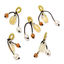 Natural Agate Pendants, Barrel Charms with Pearl and Brass Beads