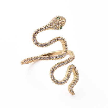 Adjustable Brass Finger Rings, Cuff Rings, Open Rings, with Micro Pave Cubic Zirconia, Long-Lasting Plated, Snake