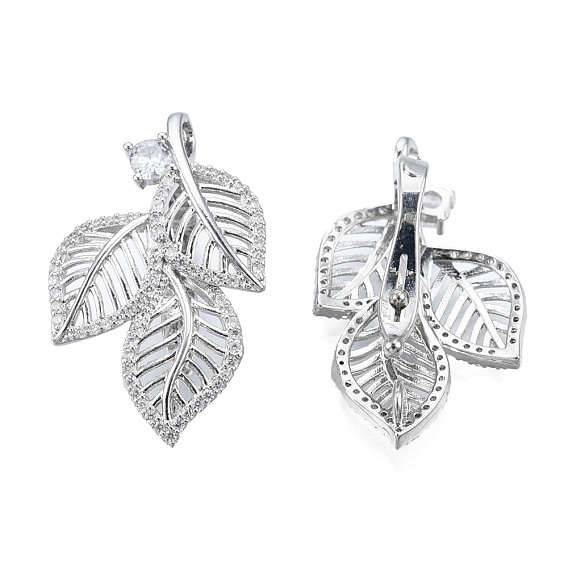 Brass Micro Pave Clear Cubic Zirconia Twister Clasps, Nickel Free, Leaf