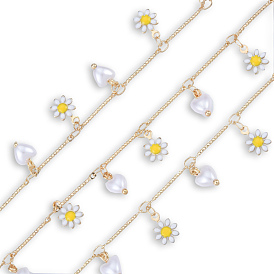 Handmade Golden Brass Bar Link Chains, with Enamel Flower & Natural Pearl Heart Charms, Unwelded, with Spool, Nickel Free