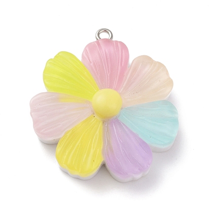 Opaque Resin Pendants, Flower Charms with Platinum Tone Iron Loops