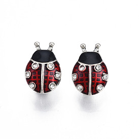 Rack Plating Alloy Enamel European Charms, with Crystal Rhinestone, Large Hole Beads, Cadmium Free & Lead Free, Antique Silver, Ladybird