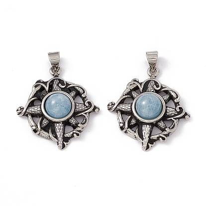 Natural Gemstone Pendants, Flat Round Charms with Flower, with Antique Silver Color Brass Findings