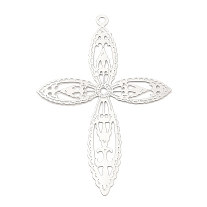201 Stainless Steel Filigree Pendants, Etched Metal Embellishments, Cross Charm