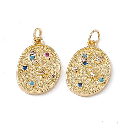 Brass Micro Pave Clear Cubic Zirconia Pendants, with Jump Ring, Polygon with Sun & Moon & Eye Charm