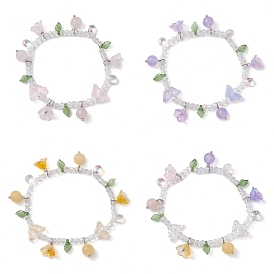 Bracelet extensible en perles de verre et pierres mélangées naturelles teintées avec breloques florales