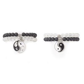 2Pcs 2 Color Glass Round Beaded Stretch Bracelets, Matching Alloy Enamel Yin Yang Charms Couple Bracelets for Best Friends Lovers