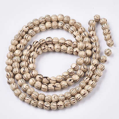 Brins de perles en bois naturel teint, avec motif ondulé, sans plomb, ronde