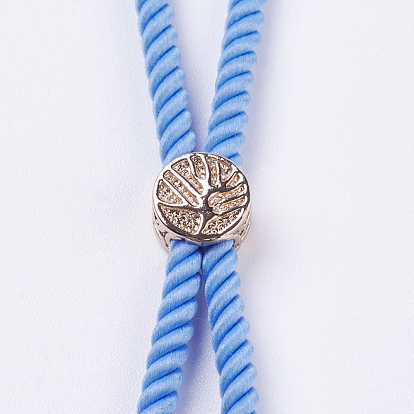 Fabrication de bracelet en nylon torsadé, fabrication de bracelet de curseur, avec les accessoires en laiton, sans cadmium et sans plomb, plaqué longue durée, arbre de la vie, bleu clair