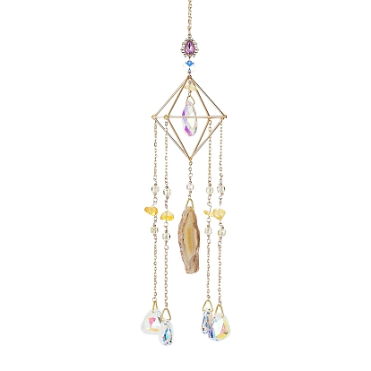 Glass Teardrop Pendant Decorations, Hanging Suncatchers, with Agate Charm and Iron Findings, for Home Car Decorations, Moon