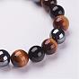 Natural Tiger Eye & Obsidian Beads Stretch Bracelets, with Non-Magnetic Synthetic Hematite Beads