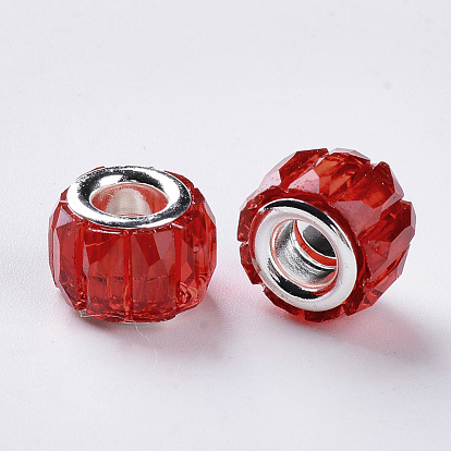 Transparent Resin European Beads, Large Hole Beads, with Silver Color Plated Double Brass Cores, Faceted, Column