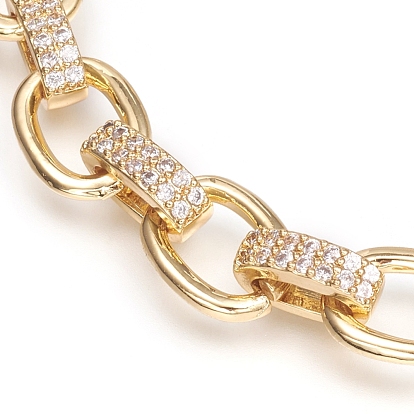 Brass Cable Chains Bracelets, with Clear Cubic Zirconia and Lobster Claw Clasps, Textured, Long-Lasting Plated