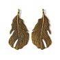 Tibetan Style Alloy Pendants, Lead Free and Cadmium Free, Feather, 49x24x2mm, Hole: 3.5mm