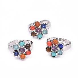 Chakra Jewelry, Natural & Synthetic Mixed Stone Cuff Finger Rings, with Glass and Brass Findings, Flower