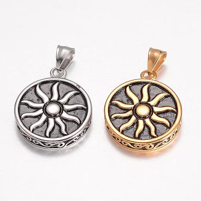 304 Stainless Steel Pendants, Flat Round Carved Sun