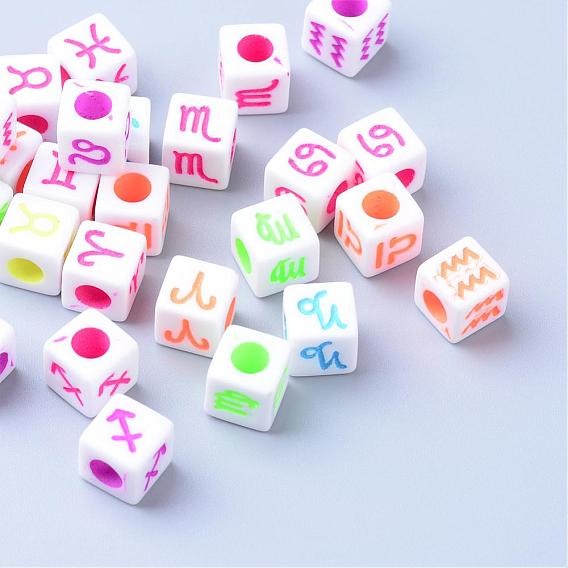 Craft Acrylic European Beads, Large Hole Cube Beads, with Constellation/Zodiac Sign