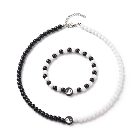 Collier de perles rondes en argile polymère yin yang et acrylique et bracelet extensible, ensemble de bijoux pour femmes
