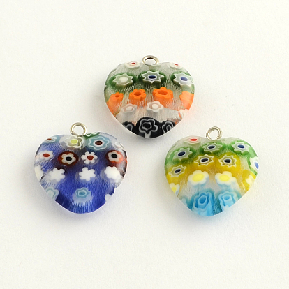 Handmade Millefiori Glass Pendants, with Platinum Plated Iron Findings, Heart, 20x18x4mm, Hole: 2mm