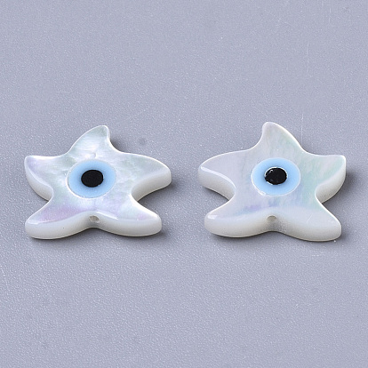 Natural White Shell Mother of Pearl Shell Beads, with Synthetic Turquoise, Starfish/Sea Stars with Evil Eye