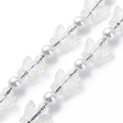 Transparent Acrylic Butterfly Beaded Keychain Wristlet Straps, with Plastic Imitation Pearl Beads, Alloy Swivel Clasps