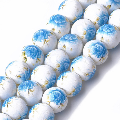 Printed & Spray Painted Glass Beads, Round with Flower Pattern/Tree