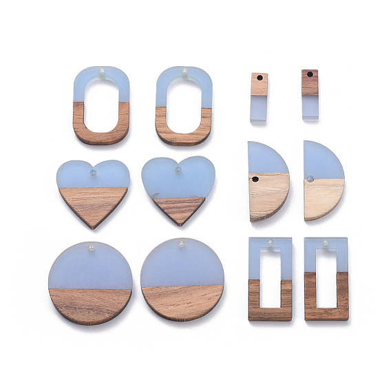 Pendentifs en bois de résine et de noyer, plat rond & ovale & rectangle & demi rond & coeur