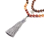 Buddhist Necklace, Natural & Synthetic Mixed Gemstone & Wood Double Layer Necklace with Brass Magnetic Clasps, Alloy Lotus & Polyester Tassel Big Pendant Necklace for Women