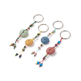 Porte-clés plat rond en perles de lave naturelle, avec bague en fer et les accessoires en alliage, 150mm