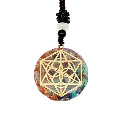Chakra Yoga Theme Mixed Gemstone with Polygon Resin Pendant Necklace with Polyester Cord for Women