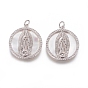 Brass Pendants, with Micro Pave Cubic Zirconia, Shell and Jump Rings, Flat Round with Virgin Mary