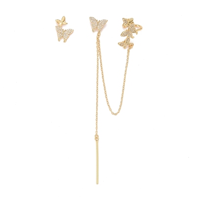 Aretes asimétricos mariposa con zirconia cúbica, aretes colgantes de cadena larga de latón chapado en oro real 18k con orejeras para mujer, sin plomo y el cadmio