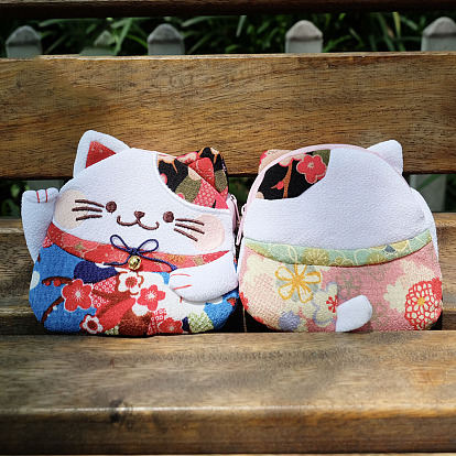 Carteras de poliéster con diseño de gato de la suerte., Monedero estilo japonés maneki-neko con cremallera para mujer