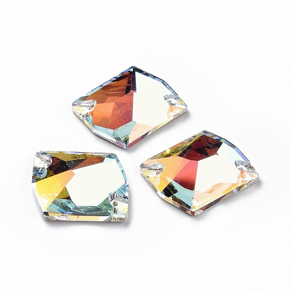 Forma de rombo irregular coser en diamantes de imitación, k 5 strass de cristal, enlace de agujero 2, espalda plana plateada, decoración artesanal de costura