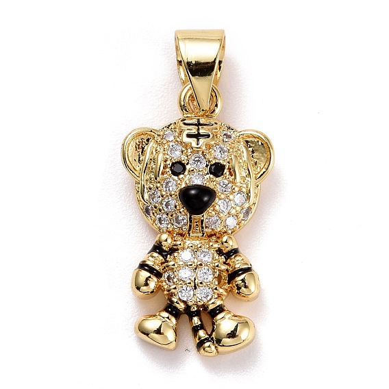 Brass Micro Pave Clear Cubic Zirconia Pendants, with Enamel, Long-Lasting Plated, Lead Free & Cadmium Free, Tiger