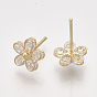 Brass Earring Studs, with Cubic Zirconia, Flower, Real 18K Gold Plated
