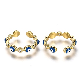 Brass Micro Pave Clear Cubic Zirconia Cuff Rings, Open Rings, with Enamel, Long-Lasting Plated, Evil Eye, Blue