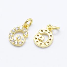 Brass Micro Pave Grade AAA Cubic Zirconia Charms, Letter G, Cadmium Free & Nickel Free & Lead Free