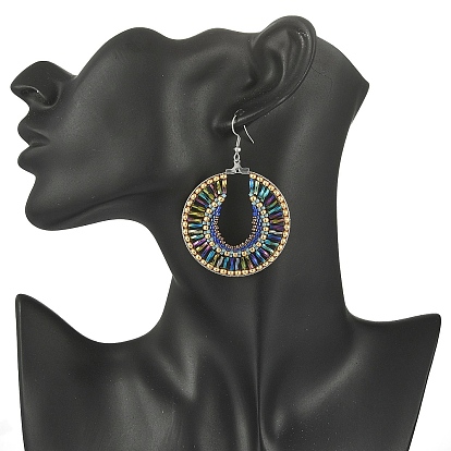 Boucles d'oreilles rondes plates tressées en graines de verre, 304 bijoux en acier inoxydable pour femmes