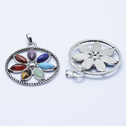 Vintage Chakra Jewelry Alloy Bezel Gemstone Pendants, Circle with Flower of Life/Sacred Geometry, Antique Silver