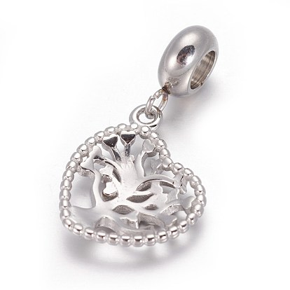 Placage ionique (ip) 304 charmes pendants de style européen en acier inoxydable, Pendentifs grand trou, Coeur avec arbre