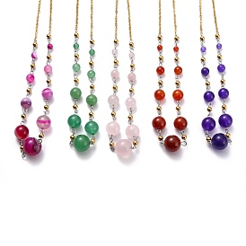 304 Stainless Steel Graduated Beaded Necklaces, with Cable Chains and Gemstone Round Beads
