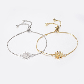 Bracelets réglables en laiton à micro-pavé de zircons cubiques, bracelets de slider, fleur