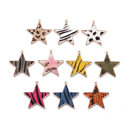 Eco-Friendly Cowhide Leather  Pendants, with Golden Plated Alloy Cabochon Settings, Star with Pattern