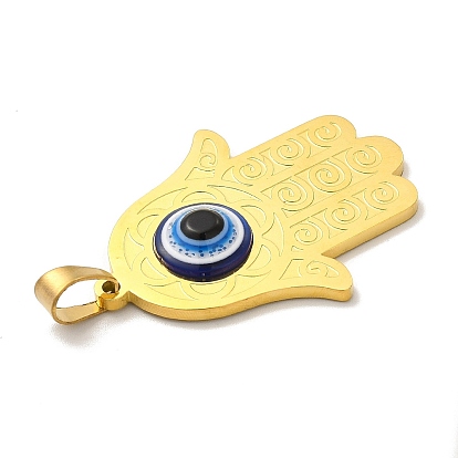 Ion Plating(IP) 304 Stainless Steel Pendants, Religion Hamsa Hand Charms with Blue Glitter Enamel