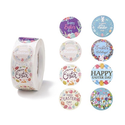 8 motifs rouleaux d'autocollants en papier auto-adhésif sur le thème de Pâques, avec motif de lapin, étiquettes autocollantes rondes, autocollants d'étiquette de cadeau, couleur mixte, lapin/œuf/mot motif thème joyeuses pâques/pâques